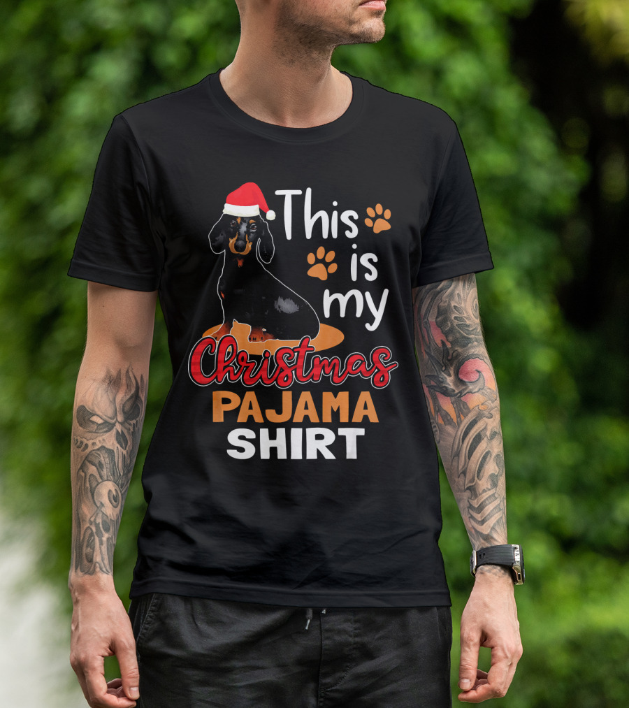 This Is My Christmas Pajama Shirt Dachshund Santa Hat Paw Prints T-Shirt