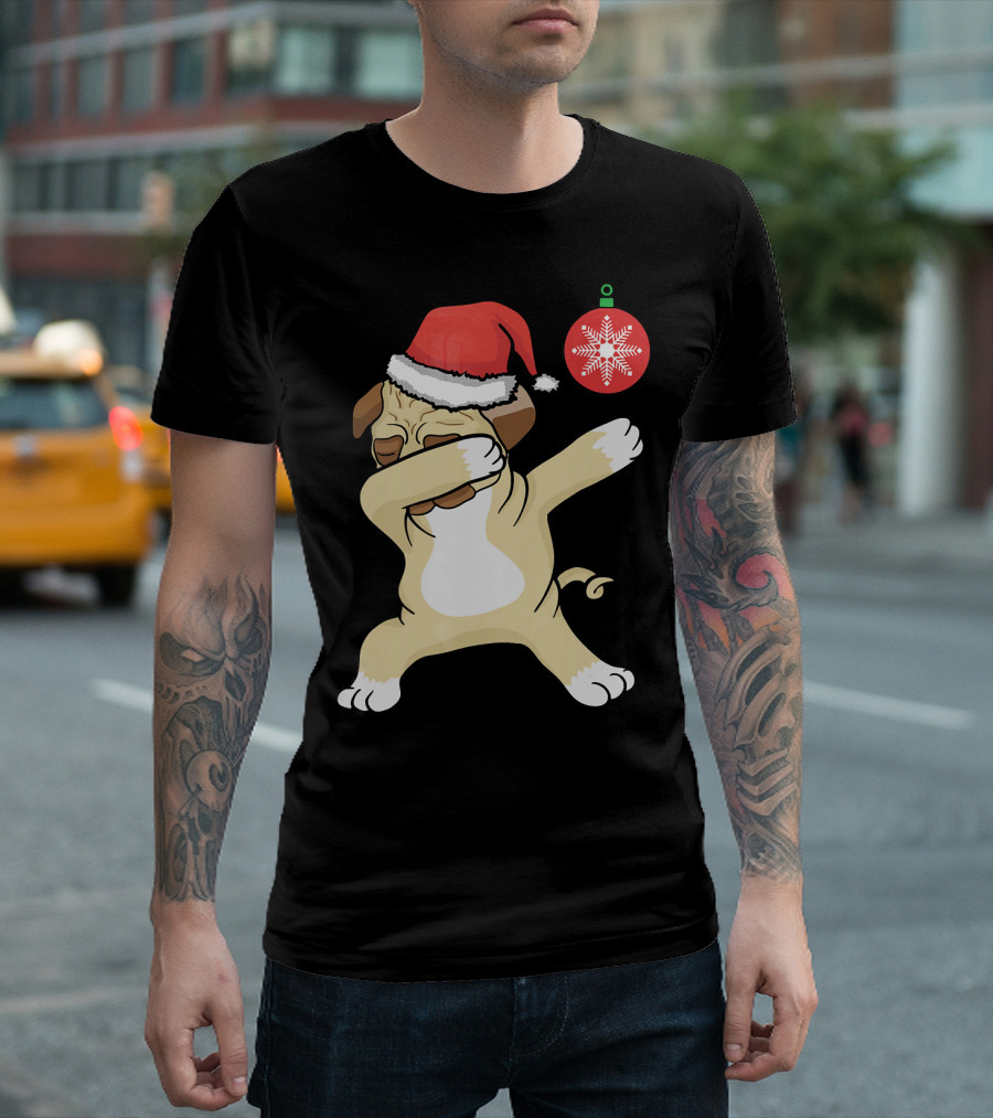 Christmas Pug Dabbing With Santa Hat And Red T-Shirt