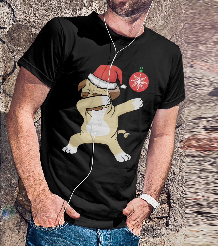 Christmas Pug Dabbing With Santa Hat And Red T-Shirt