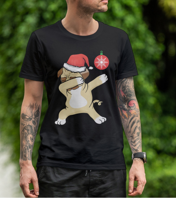 Christmas Pug Dabbing With Santa Hat And Red T-Shirt