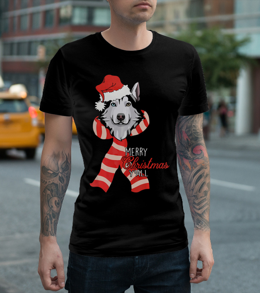 Merry Christmas Y'all Husky Dog In Santa Hat And Scarf T-Shirt