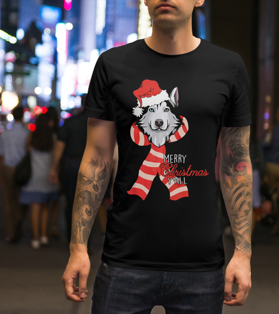 Merry Christmas Y'all Husky Dog In Santa Hat And Scarf T-Shirt