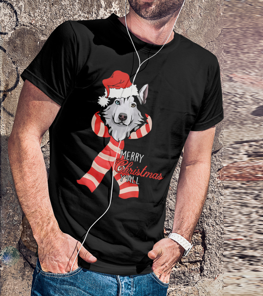 Merry Christmas Y'all Husky Dog In Santa Hat And Scarf T-Shirt