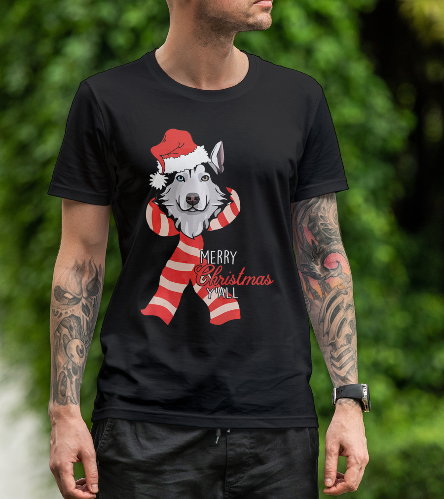 Merry Christmas Y'all Husky Dog In Santa Hat And Scarf T-Shirt