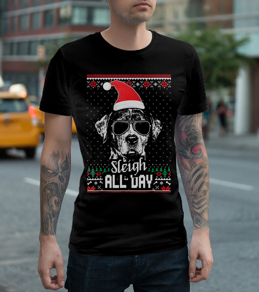 Sleigh All Day Funny Catahoula Cur Christmas Dog With Santa Hat And Sunglasses T-Shirt