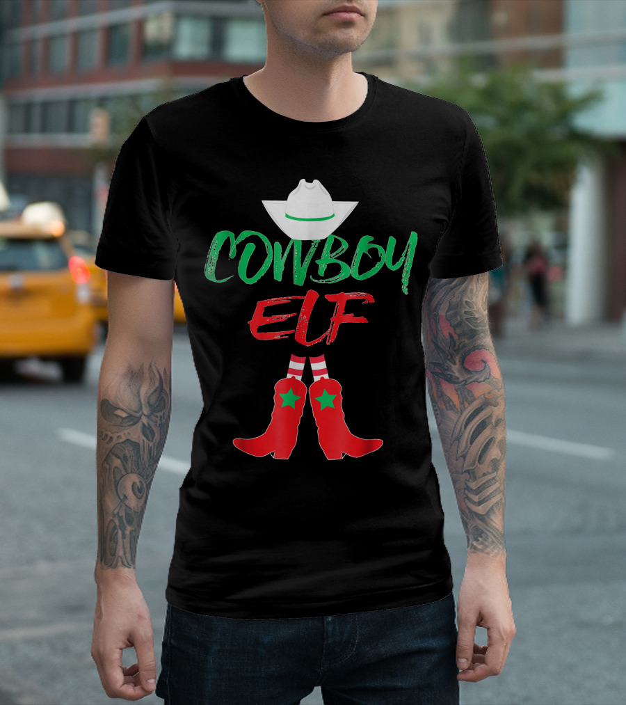 Cowboy Elf Christmas Hat Boots Men's Funny Holiday T-Shirt