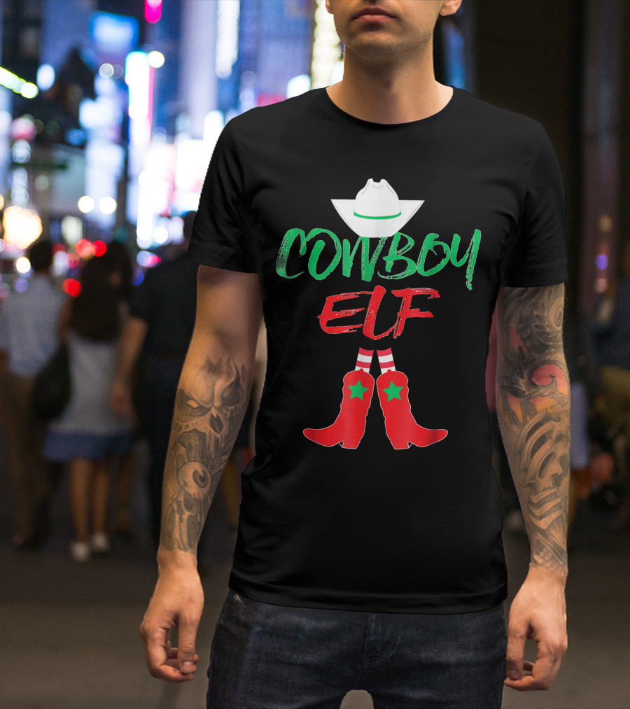 Cowboy Elf Christmas Hat Boots Men's Funny Holiday T-Shirt