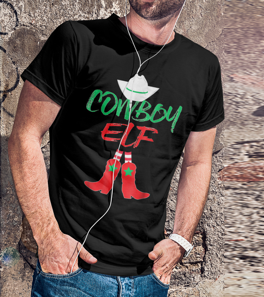 Cowboy Elf Christmas Hat Boots Men's Funny Holiday T-Shirt