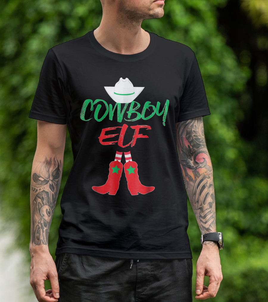 Cowboy Elf Christmas Hat Boots Men's Funny Holiday T-Shirt