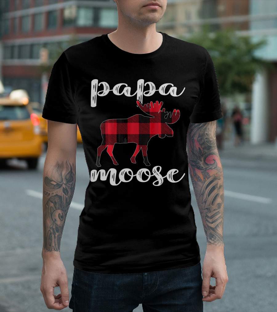 Papa Moose Matching Family Christmas Clo Buffalo Plaid Moose T-Shirt