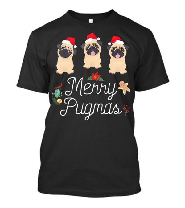 Merry Pugmas Christmas Pugs With Santa Hats And Holiday Decorations T-Shirt