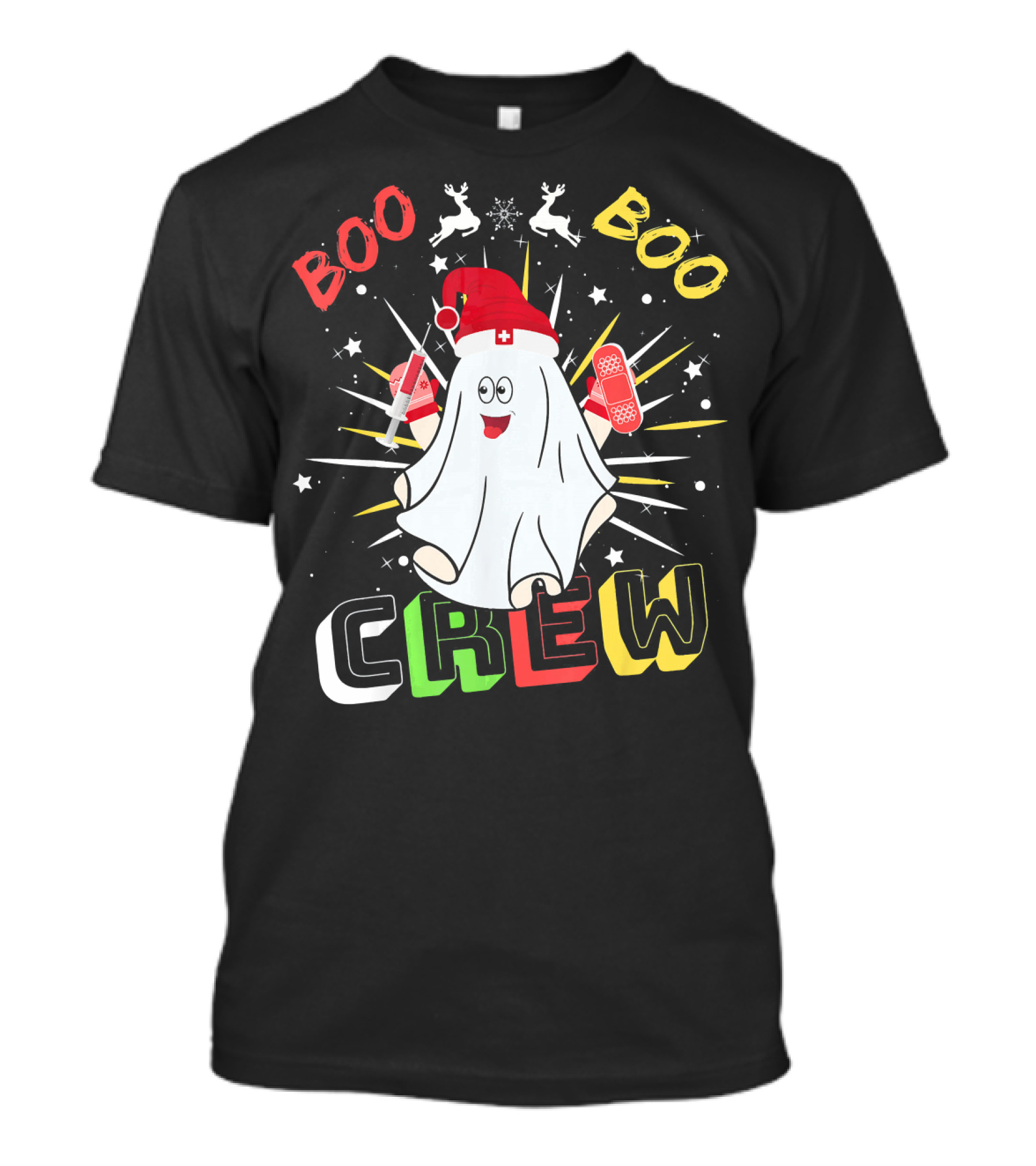 Boo Boo Crew Christmas Nurse Ghost With Bandages And Reindeer T-Shirt