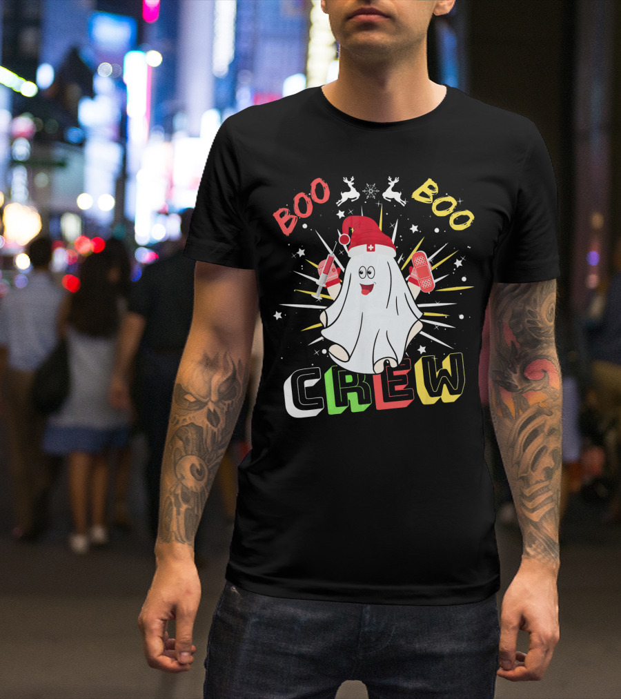 Boo Boo Crew Christmas Nurse Ghost With Bandages And Reindeer T-Shirt