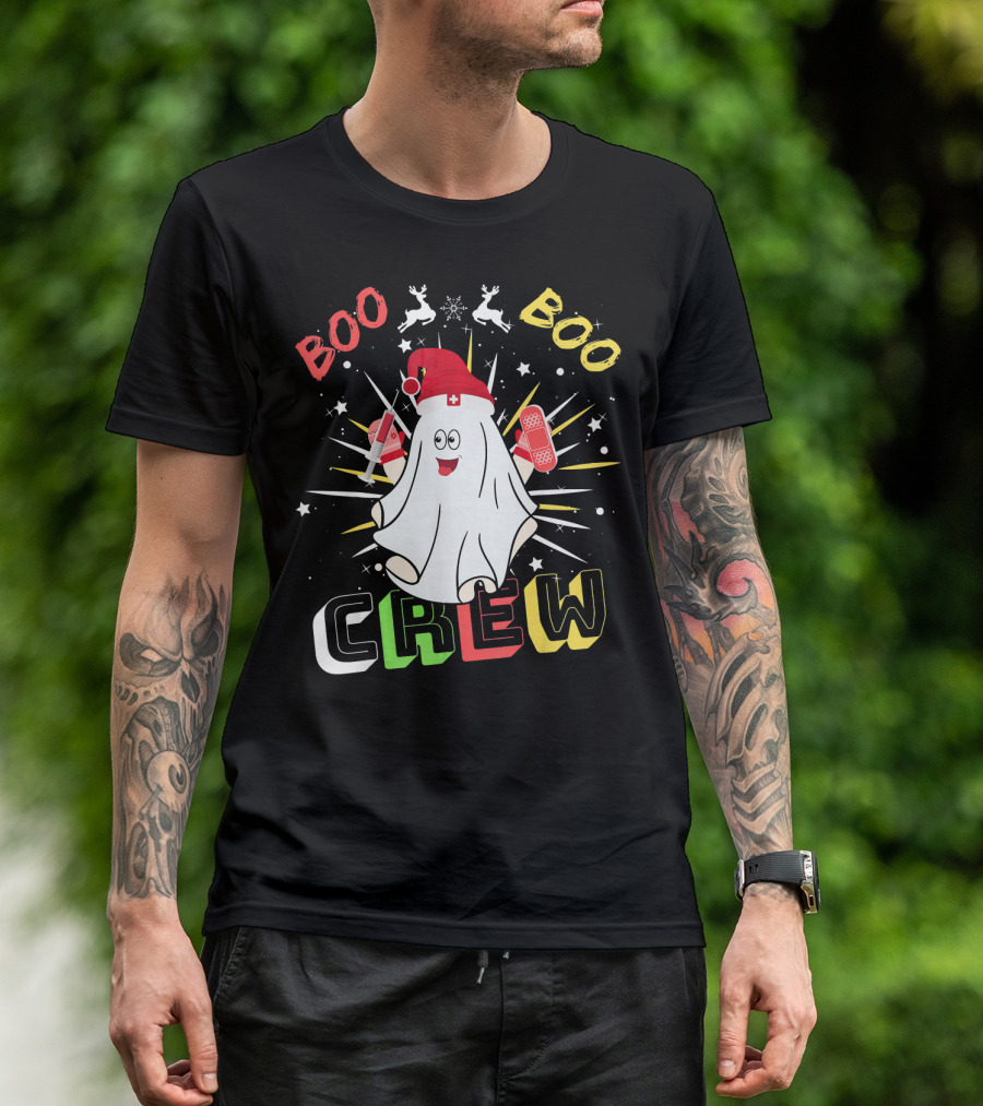 Boo Boo Crew Christmas Nurse Ghost With Bandages And Reindeer T-Shirt