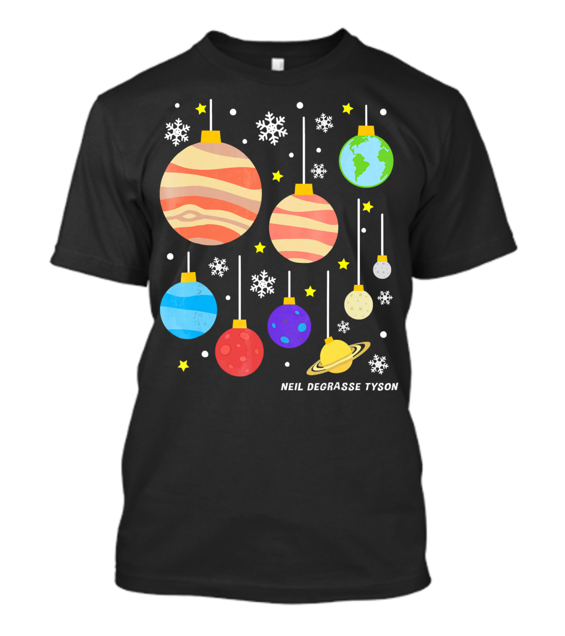 Neil DeGrasse Tyson Planets Hanging Ornaments Snowflakes Stars T-Shirt