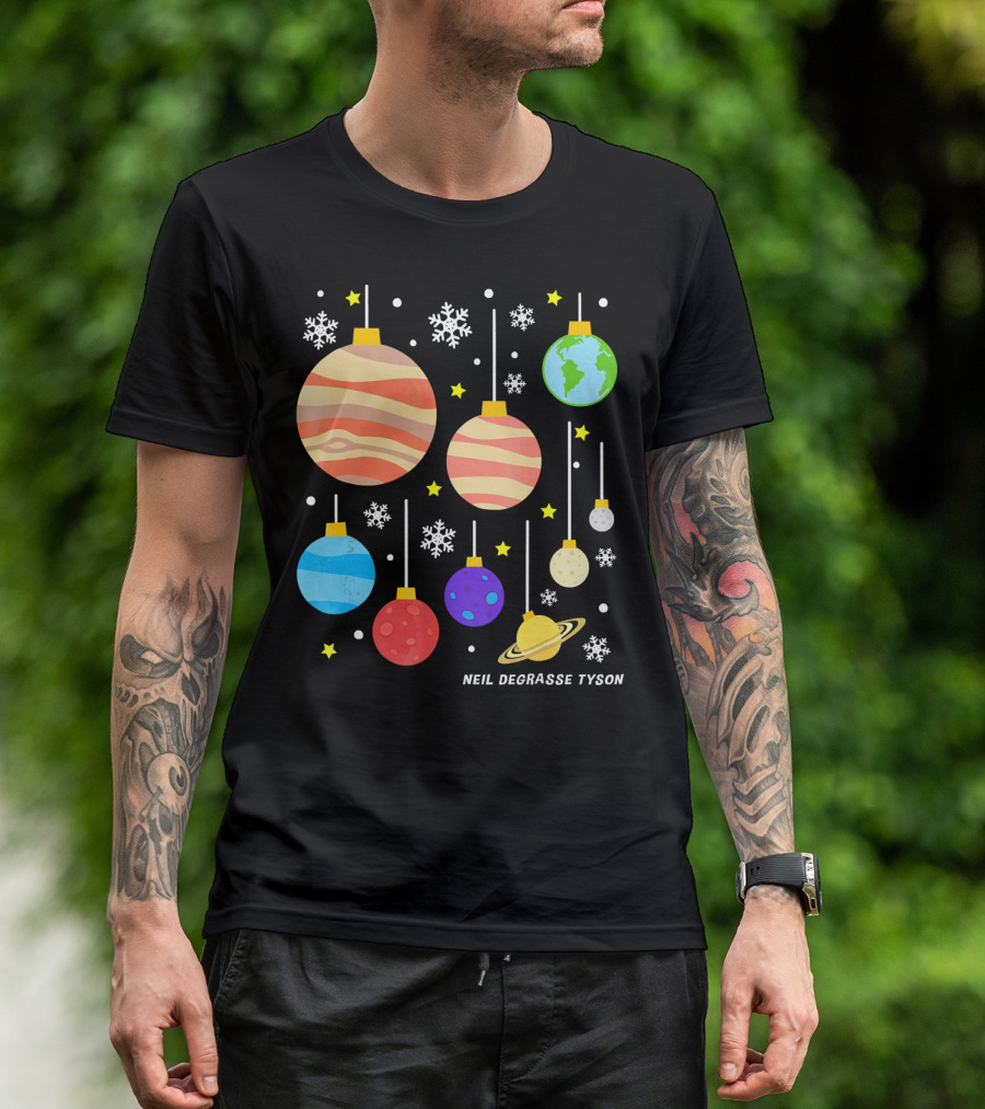 Neil DeGrasse Tyson Planets Hanging Ornaments Snowflakes Stars T-Shirt