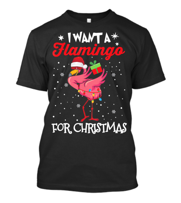 I Want A Flamingo For Christmas Santa Hat Lights Snowflakes Gift Box T-Shirt