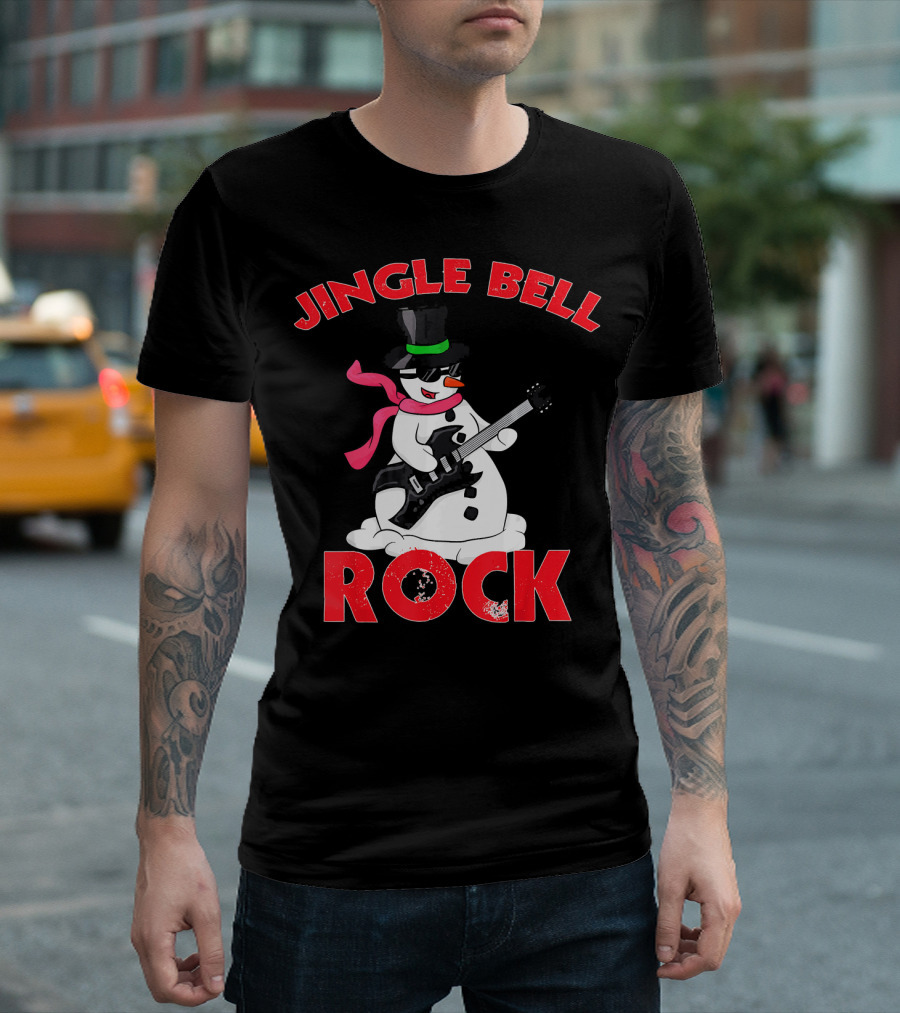 Jingle Bell Rock Snowman Playing Guitar With Top Hat And Scarf T-Shirt