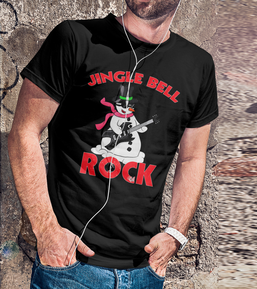 Jingle Bell Rock Snowman Playing Guitar With Top Hat And Scarf T-Shirt