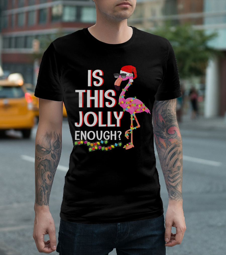 Is This Jolly Enough Flamingo Christmas Lights Santa Hat Sunglasses T-Shirt