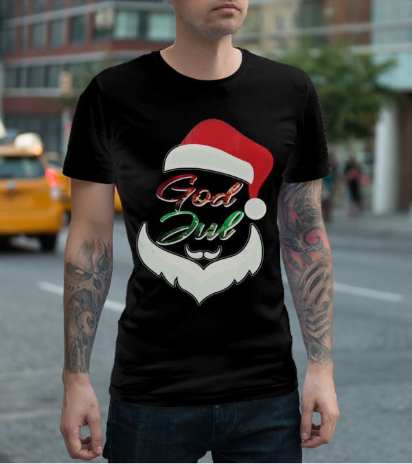 God Jul Norwegian Merry Christmas Santa Hat And Beard Design Norway T-Shirt