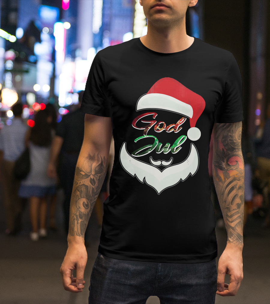 God Jul Norwegian Merry Christmas Santa Hat And Beard Design Norway T-Shirt