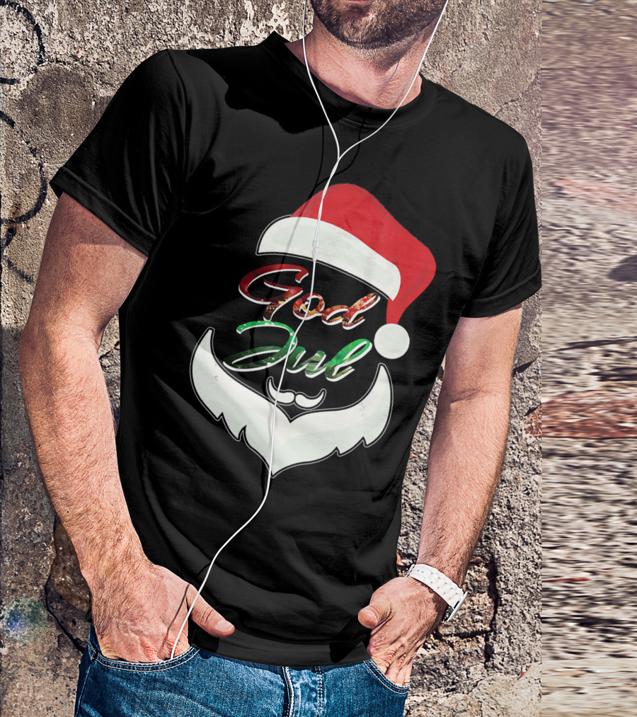 God Jul Norwegian Merry Christmas Santa Hat And Beard Design Norway T-Shirt
