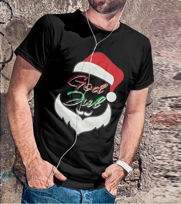 God Jul Norwegian Merry Christmas Santa Hat And Beard Design Norway T-Shirt
