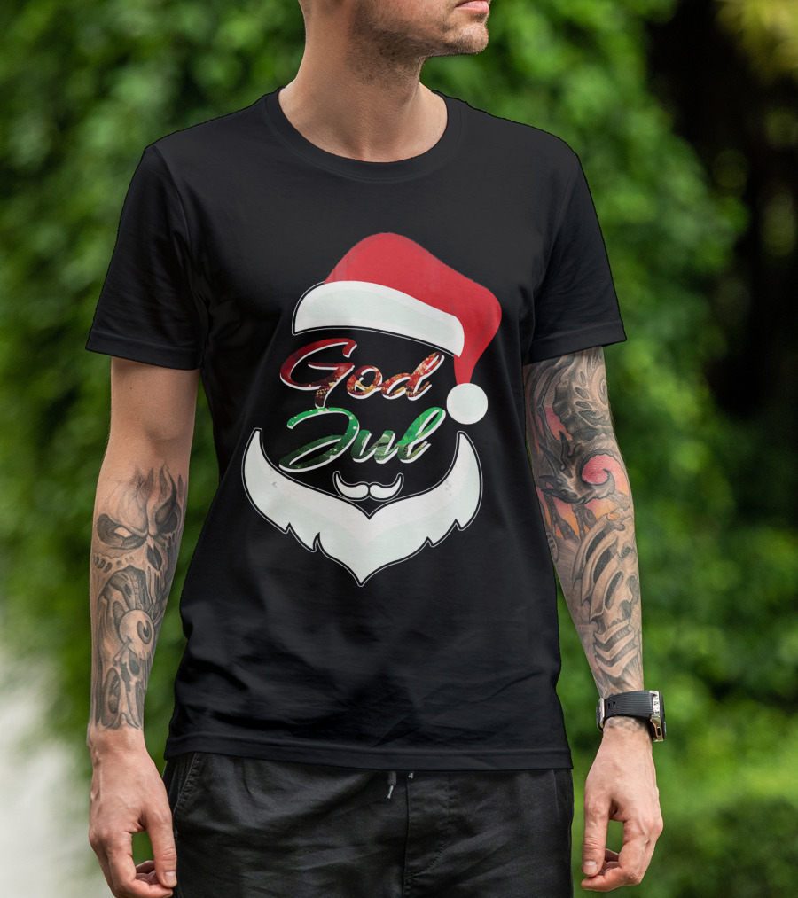 God Jul Norwegian Merry Christmas Santa Hat And Beard Design Norway T-Shirt