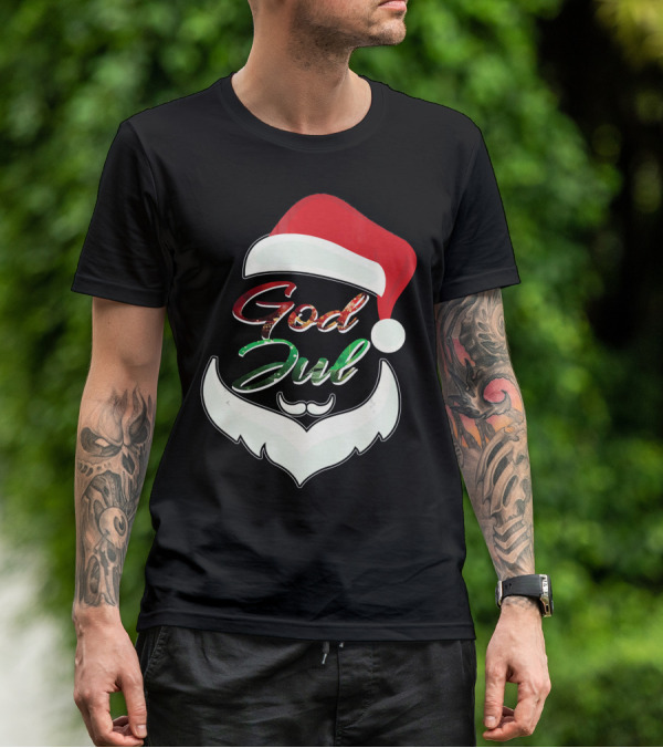 God Jul Norwegian Merry Christmas Santa Hat And Beard Design Norway T-Shirt