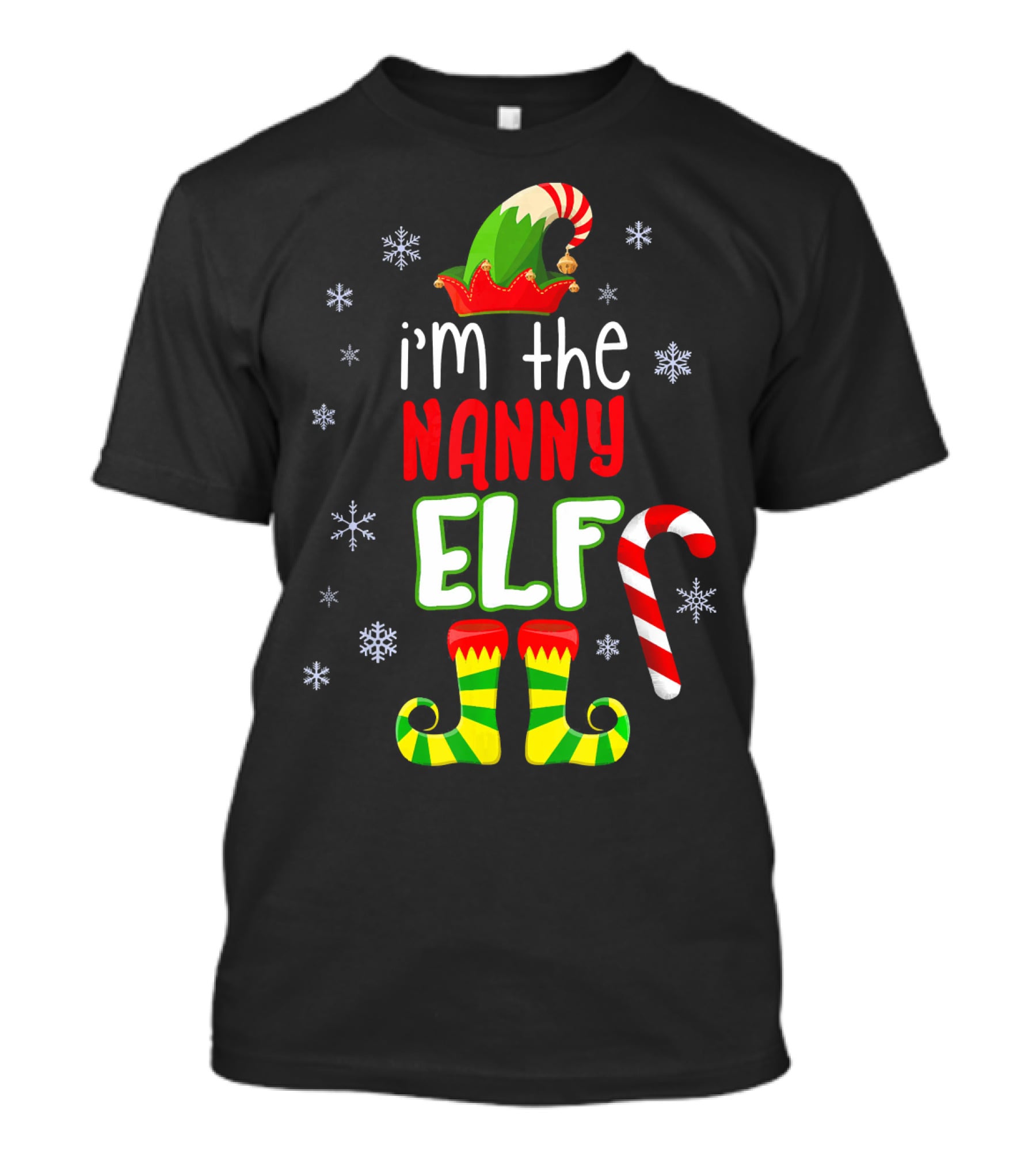 I'm The Nanny Elf Christmas Snowflakes Candy Cane Hat Boots T-Shirt