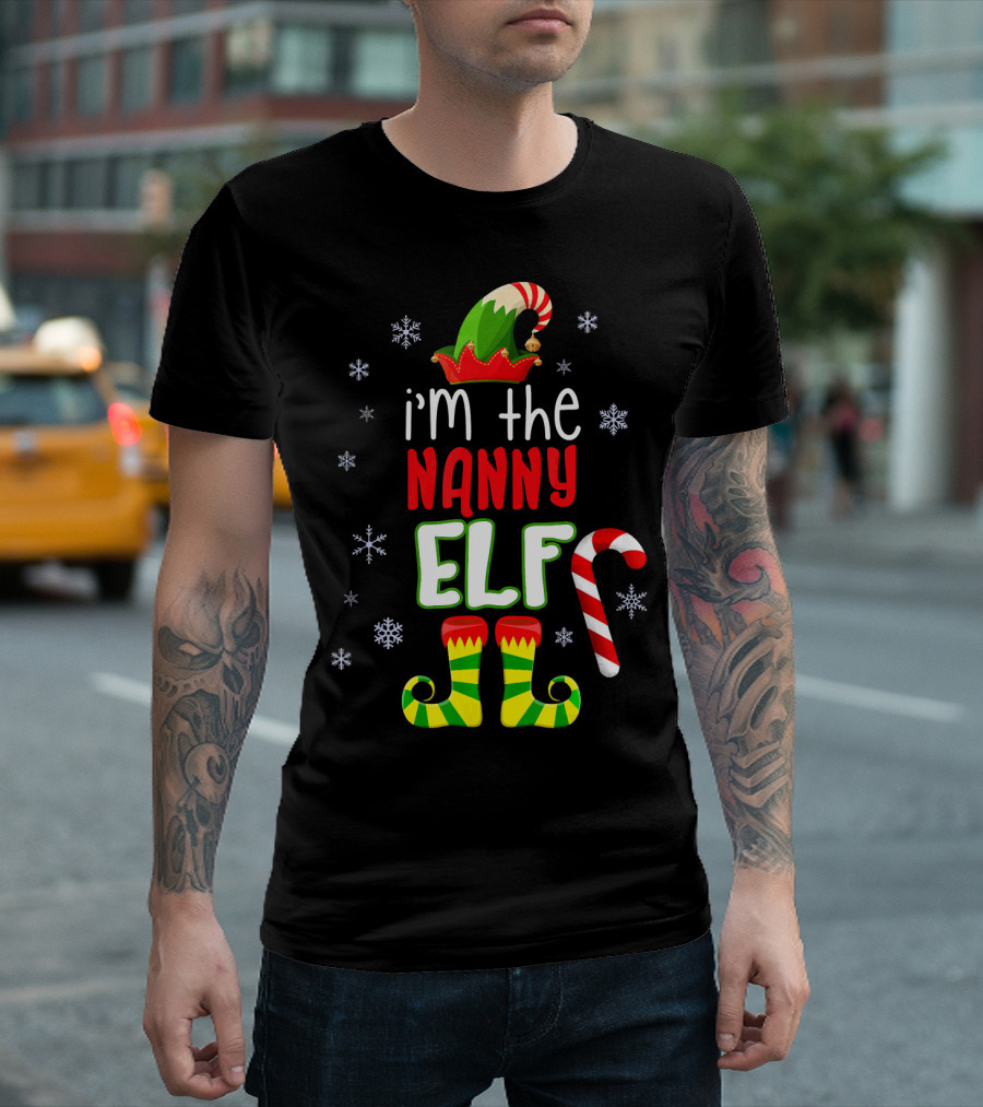 I'm The Nanny Elf Christmas Snowflakes Candy Cane Hat Boots T-Shirt