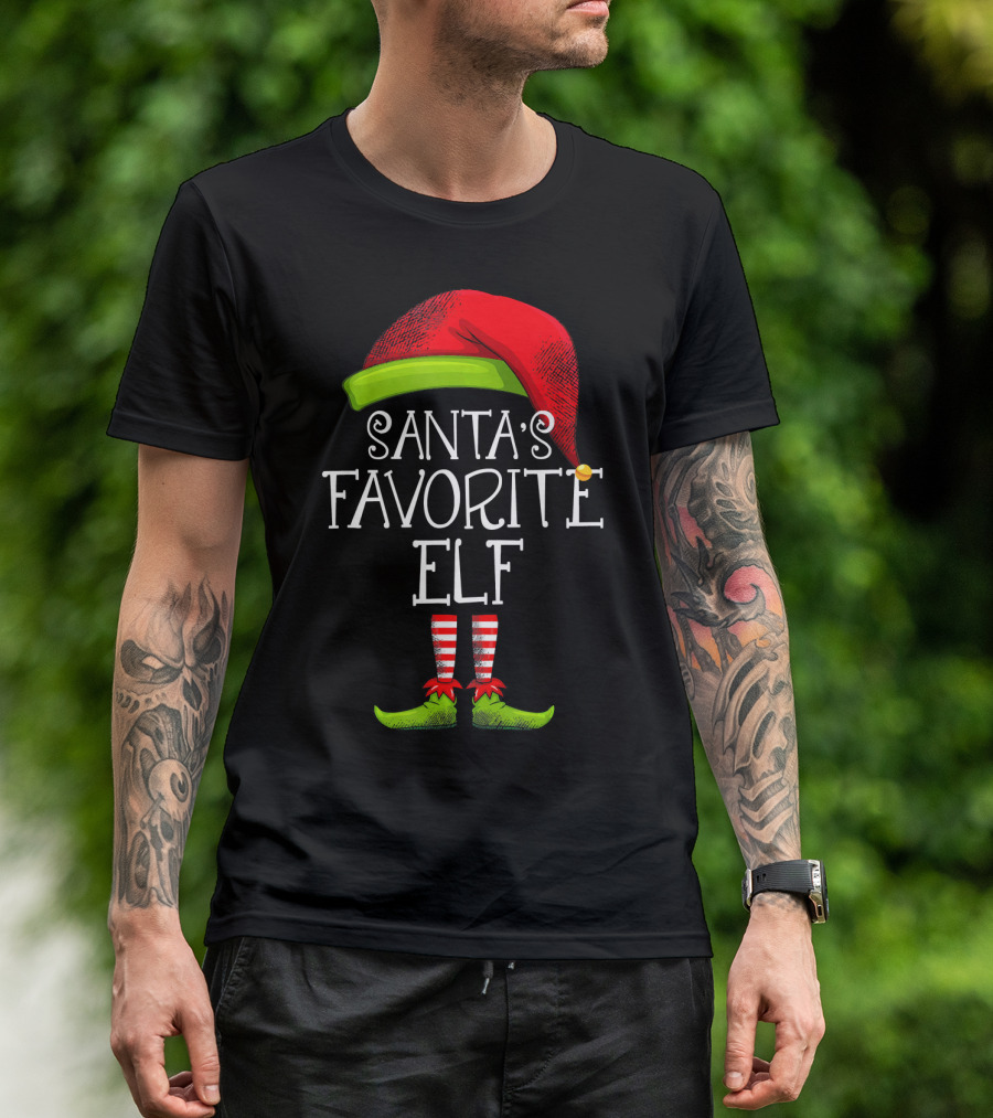 Santa's Favorite Elf Red Hat And Striped Socks T-Shirt