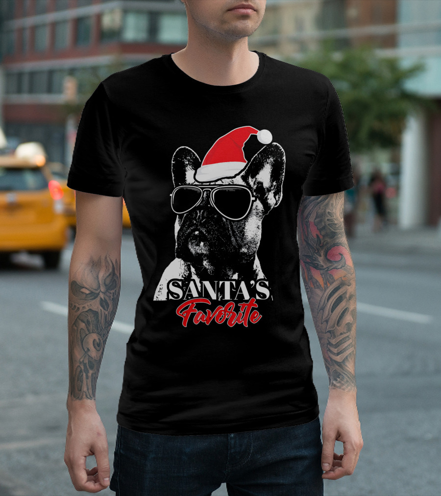 Santa's Favorite French Bulldog Wearing Sunglasses and Hat T-Shirt