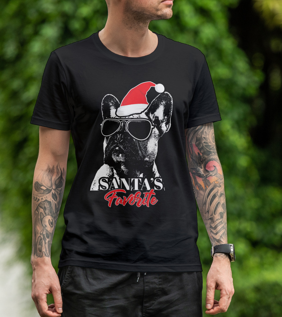 Santa's Favorite French Bulldog Wearing Sunglasses And Hat T-Shirt