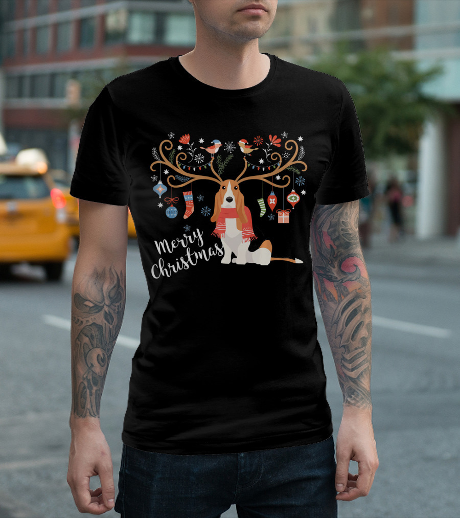 Merry Christmas Basset Hound Reindeer Antlers Ornaments T-Shirt