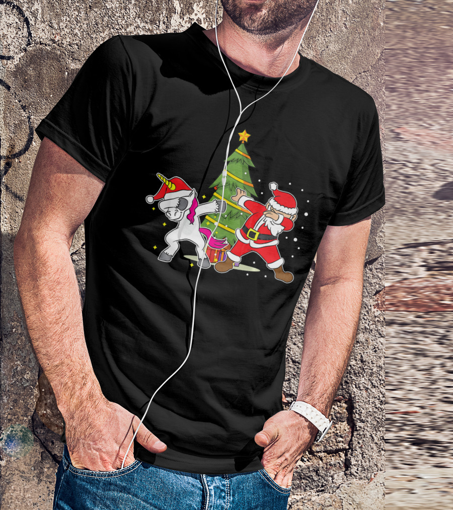 Dabbing Unicorn Xmas Christmas Santa Dance By Tree T-Shirt