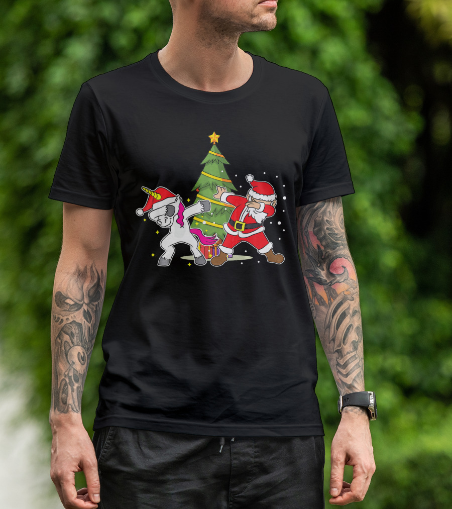 Dabbing Unicorn Xmas Christmas Santa Dance By Tree T-Shirt