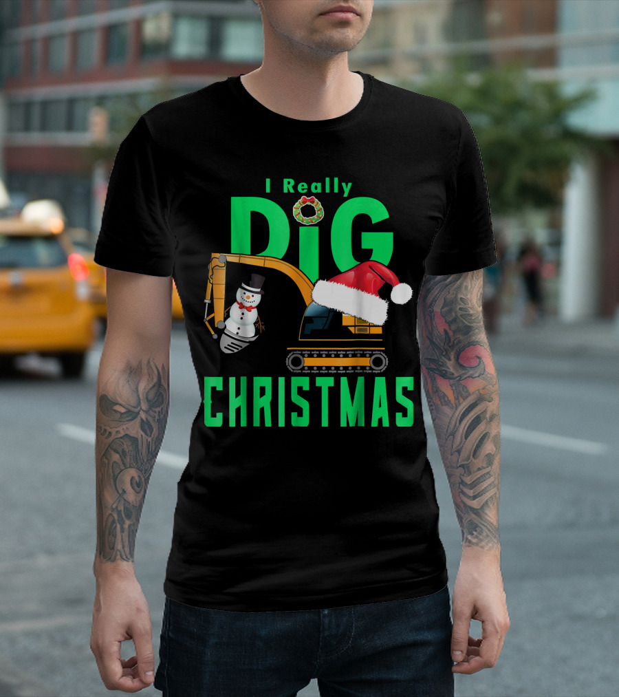 I Really Dig Christmas Snowman Santa Hat Excavator T-Shirt