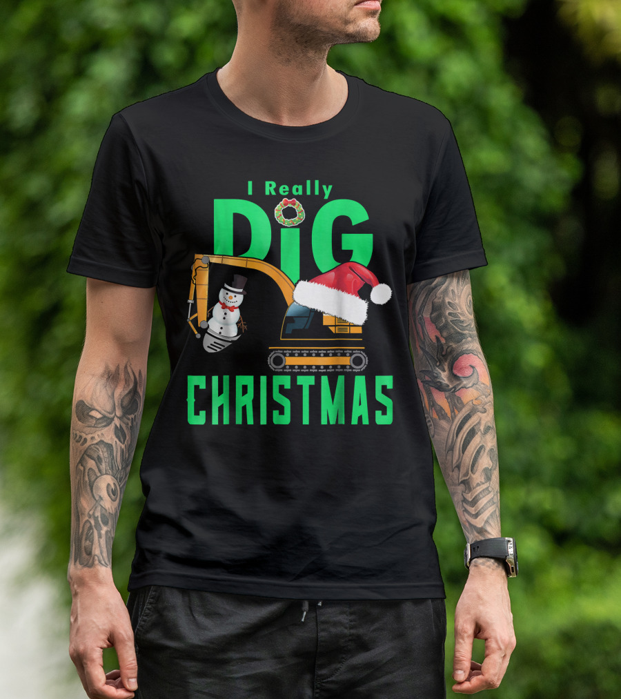 I Really Dig Christmas Snowman Santa Hat Excavator T-Shirt