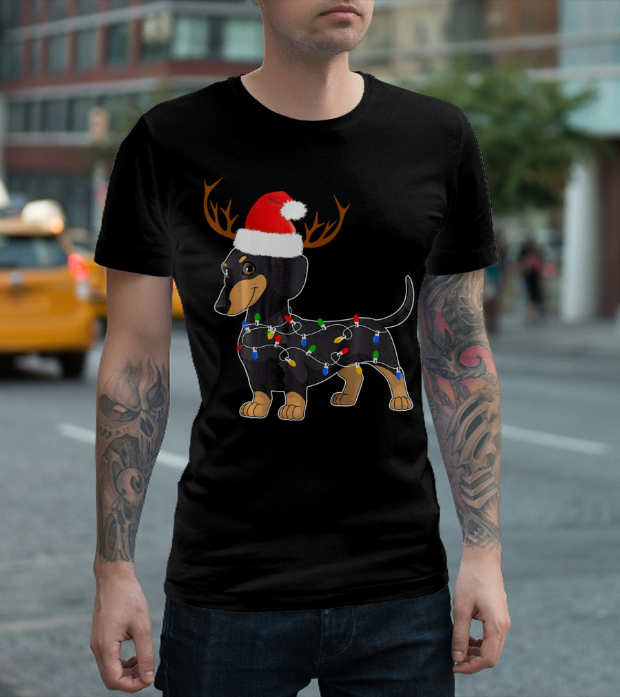 Dachshund Christmas Reindeer with Santa Hat and Holiday Lights T-Shirt