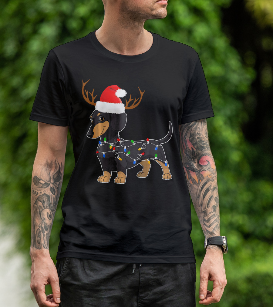 Dachshund Christmas Reindeer With Santa Hat And Holiday Lights T-Shirt