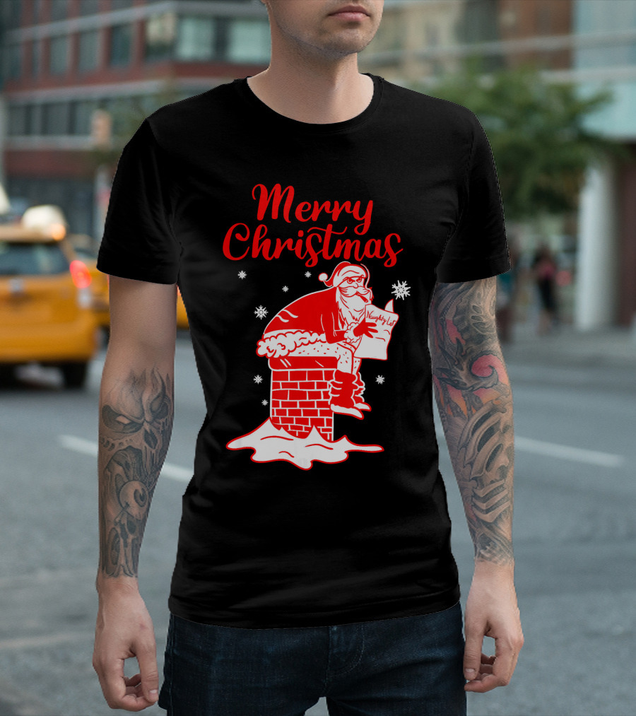 Merry Christmas Santa Pooping Naughty List Snowflakes Chimney T-Shirt