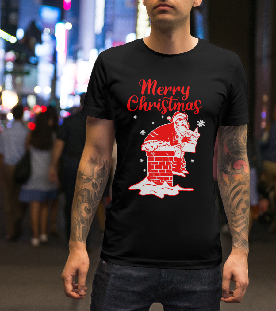 Merry Christmas Santa Pooping Naughty List Snowflakes Chimney T-Shirt