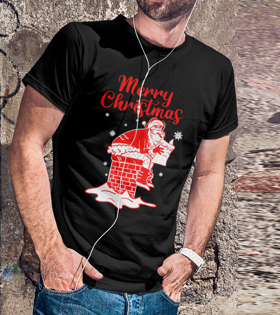Merry Christmas Santa Pooping Naughty List Snowflakes Chimney T-Shirt