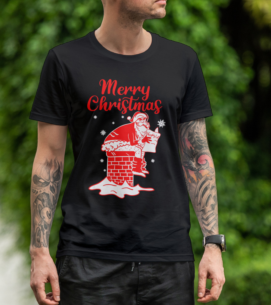 Merry Christmas Santa Pooping Naughty List Snowflakes Chimney T-Shirt
