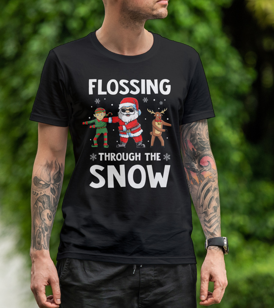 Flossing Through The Snow With Santa Elf And Reindeer T-Shirt