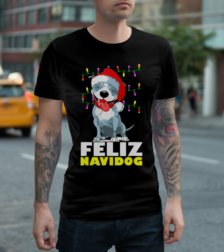 Feliz Navidog Pitbull in Santa Hat with Christmas Lights T-Shirt