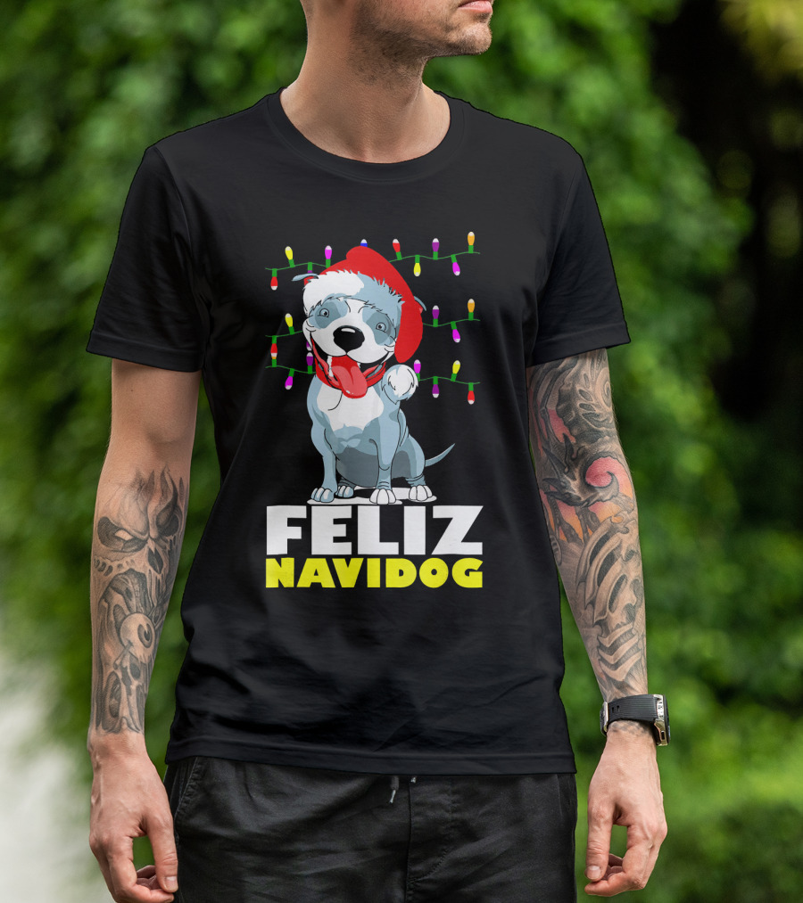 Feliz Navidog Pitbull In Santa Hat With Christmas Lights T-Shirt