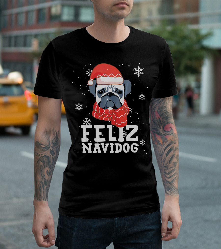 Feliz Navidog Pug Dog with Santa Hat and Scarf Snowflakes T-Shirt
